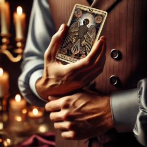 A-close-up-of-masculine-hands-holding-a-tarot-card-with-elegant-details-in-the-background.-The-hands-are-strong-and-poised-highlighting
