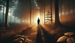 A-highly-realistic-and-atmospheric-image-showing-the-silhouette-of-a-person-standing-at-the-edge-of-a-quiet-forest-clearing.-The-warm-light-of-the-set
