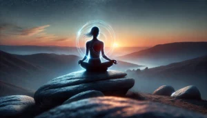 A-realistic-and-serene-image-of-a-persons-silhouette-sitting-cross-legged-on-a-rocky-hilltop-overlooking-a-vast-landscape-at-twilight.-The-lighting