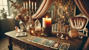 A-sophisticated-and-elegant-composition-of-a-tarot-reading-session.-The-setting-features-a-vintage-wooden-table-adorned-with-beautifully-illustrated