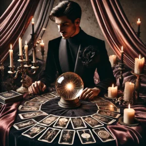 A-sophisticated-scene-featuring-a-male-tarot-reader-wearing-a-black-outfit-seated-at-a-luxurious-table-draped-in-velvet.-The-table-is-adorned