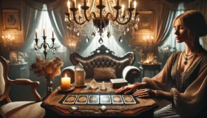 An-atmospheric-image-of-a-psychic-medium-session-in-a-luxurious-setting.-The-scene-features-a-medium-seated-at-an-ornate-table-hands-gently-placed-on tarot cards