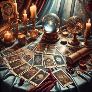 An-elegant-tarot-themed-scene-with-a-luxurious-vibe.-The-setting-features-a-table-draped-in-velvet-adorned-with-glowing-tarot-cards-in-mid-read