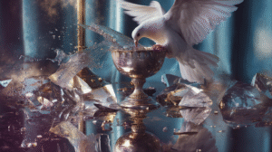 Editorial tarot concept, a silver chalice reflecting fractured mirror shards, floating cards glowing softly in muted twilight, dramatic chiaroscuro lighting, surreal realism, refined cinematic detail, indigo and gold tones, Vogue magazine photography aesthetic