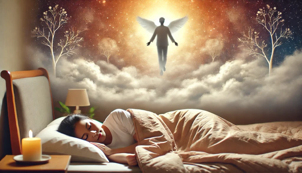 A-3_2-aspect-ratio-image-of-a-woman-peacefully-sleeping-with-a-dream-like-vision-above-her-showing-a-gentle-silhouette-in-a-heavenly-setting. A loved one from heaven visiting in dreams. Loss, grief, death, afterlife