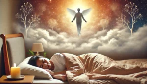 A-3_2-aspect-ratio-image-of-a-woman-peacefully-sleeping-with-a-dream-like-vision-above-her-showing-a-gentle-silhouette-in-a-heavenly-setting. A loved one from heaven visiting in dreams. Loss, grief, death, afterlife