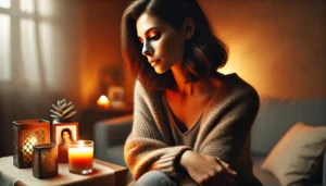 A-3_2-aspect-ratio-image-of-a-woman-processing-grief-after-the-loss-of-a-loved-one.-She-sits-quietly-in-a-softly-lit-room-with-a-reflective-expression