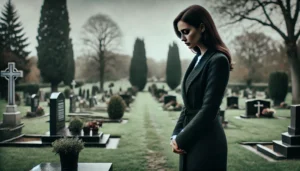 A-3_2-aspect-ratio-image-of-a-woman-standing-solemnly-at-a-gravesite.-She-is-dressed-in-respectful-dark-clothing-standing-in-a-peaceful-well-kept