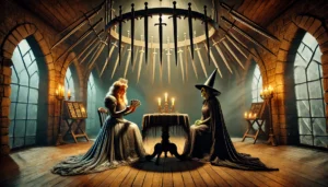 Agatha All Along Glinda and Wicked Witch reading tarot cards in a tower.
