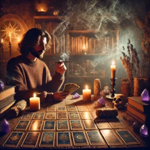A male with mid-length hair reads tarot cards by candle light with incense, a male witch or wizard