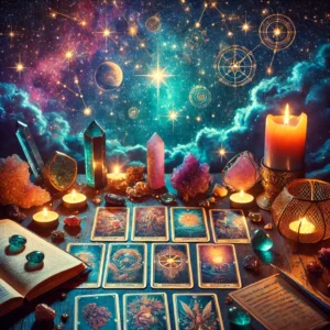 The universe, cosmos, tarot cards and crystals with drippy candles