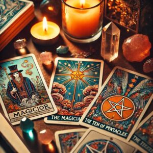 3 tarot cards, the magician, the star and 10 of pentacles with crystals and candles all around