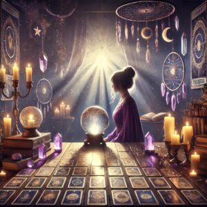 A silhouette of a metaphysical psychic woman in a new age setting, lavender and purple room with candles and a crystal ball, tarot cards laid out for a reading