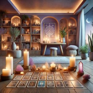 contemporary new age living room with candles amethyst and tarot cards on the floor, spiritual ambience