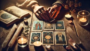 An-introspective-tarot-reading-scene-with-a-close-up-of-hands-laying-tarot-cards-on-a-rustic-wooden-table-illuminated-candlelight