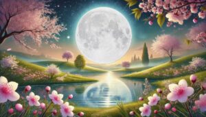 Full-Moon-in-Taurus-surrounded-by-cherry-blossoms-and-a-field-of-green.-Zodiac-energy-and-atrological-insights