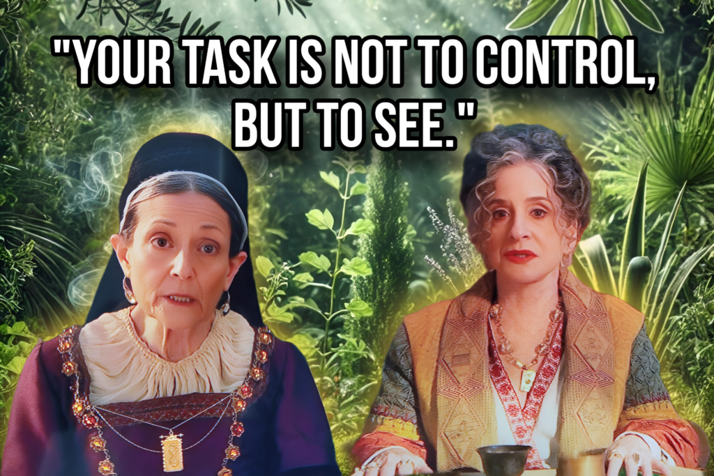 Lilia Calderu in Agatha All Along with psychic mentor your task is not to control but to see clairvoyant tarot reading tea leaves