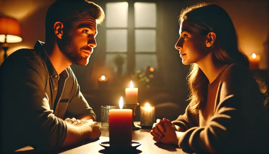 image-showing-a-man-and-woman-in-their-30s-engaged-in-a-heartfelt-conversation-over-candlelight.-The-setting-is-intimate-candlelit