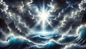 3-of-Swords.-A-dramatic-and-ominous-scene-featuring-brilliant-white-light-breaking-through-dark-blue-storm-clouds-above-a-chaotic-turbulent-ocean.-The-waves-crash