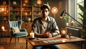A-a-psychic-in-a-modest-and-intimate-setting-seated-at-a-table-with-a-deck-of-tarot-cards-and-a-lit-candle.-The-psychic-is-reaidng-tarot-card
