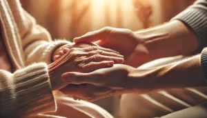 A-close-up-of-a-30-year-old-males-hands-gently-holding-the-frail-hands-of-an-elderly-woman.-The-setting-conveys-warmth-and-empathy-with-soft-golden light