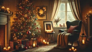 A-comforting-holiday-scene-with-a-softly-lit-room-featuring-a-Christmas-tree-adorned-with-warm-lights-and-nostalgic-ornaments.-The-atmosphere-is-peaceful. Showing a loss of loved one during holidays
