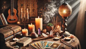 A-cozy-psychic-reading-setup-with-tarot-cards-spread-on-a-rustic-table-surrounded-by-flickering-candles-crystals-and-a-vintage-lamp-casting-a-soft light