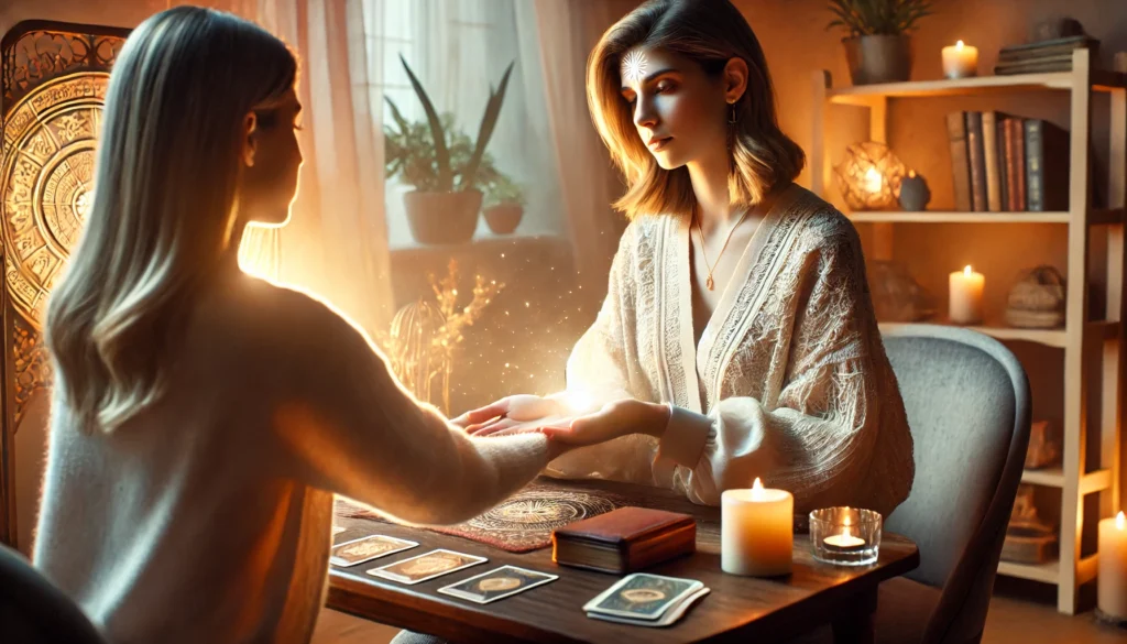 A-deeply-empathetic-and-realistic-scene-depicting-a-psychic-offering-empathy during-a-tarot reading session.-The-psychic-gently-holds-the-hands-of-a-client