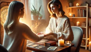 A-deeply-empathetic-and-realistic-scene-depicting-a-psychic-offering-empathy during-a-tarot reading session.-The-psychic-gently-holds-the-hands-of-a-client