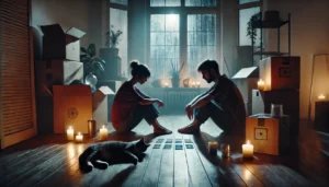 A-dimly-lit-emotional-scene-showing-two-human-silhouettes-one-male-and-one-female-sitting-on-a-hardwood-floor-in-a-vacant-apartment-surrounded-by-candles reading tarot cards during a storm