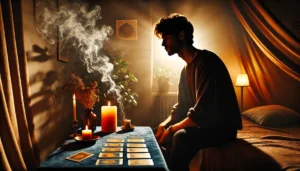 A-dimly-lit-scene-featuring-the-silhouette-of-a-male-tarot-reader-in-a-casual-setting.-The-atmosphere-is-serene-with-wisps-of-incense-smoke-rising