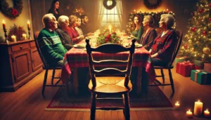 A-holiday-dining-scene-with-a-vacant-seat-at-the-table-symbolizing-the-loss-of-a-loved-one.-Family-members-are-gathered-around-with-expressions-of-grief