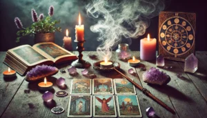 A-mystical-scene-showing-a-tarot-reading-in-progress-on-a-wooden-table-with-beautifully-detailed-tarot-cards-spread-out-a-burning-incense-stick