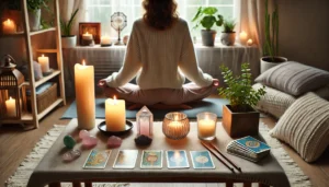 A-peaceful-setup-for-preparing-for-a-psychic-reading-featuring-a-person-seated-in-a-meditative-position-indoors-with-soft-natural-lighting