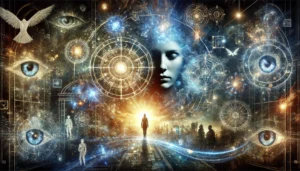 A-portrayal-of-clairvoyance-featuring-a-central-figure-with-their-eyes-glowing-faintly-as-they-look-into-the-distance-surrounding