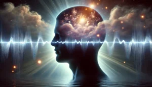 A-realistic-close-up-silhouette-of-a-male-face-facing-forward-with-glowing-pulsating-wavelengths-radiating-from-his-mind.-The-wavelengths-ripple outward to memories. Evidential medium