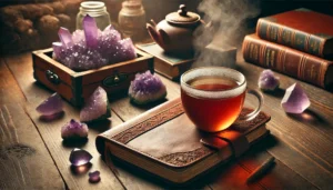 A-realistic-image-of-a-steaming-cup-of-herbal-tea-placed-on-a-wooden-nightstand-next-to-a-small-cluster-of-amethyst-crystals-and-a-closed-leather-bound-dream-journal.