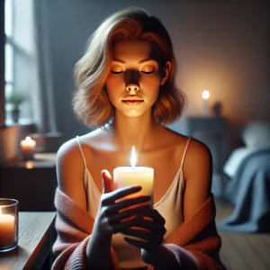 a-35-year-old-woman-lighting-a-candle-in-a-dimly-lit-peaceful-room-representing-a-moment-of-calm-amidst-personal-struggles. Releasing depression with a ritual