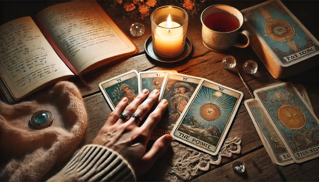 A tarot-reading for beginners -with-a-close-up-of-a-three-card-spread-on-a-rustic-wooden-table.-A-burning-candle-softly-illuminates-the- tarot cards