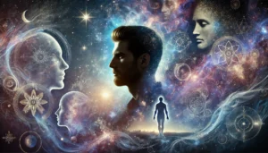 A-silhouette-of-a-30-year-old-psychic-male-with-a-serene-and-introspective-posture-surrounded-by-glowing-and-ethereal-impressions-of-abstract-faces-landscapes-via-clairvoyance