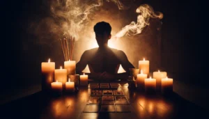 A-silhouette-of-a-male-tarot-reader-seated-at-a-table-surrounded-by-the-soft-glow-of-multiple-candles-with-tarot-cards-laid-out-in-an-engaging-spread-of-tarot-cards