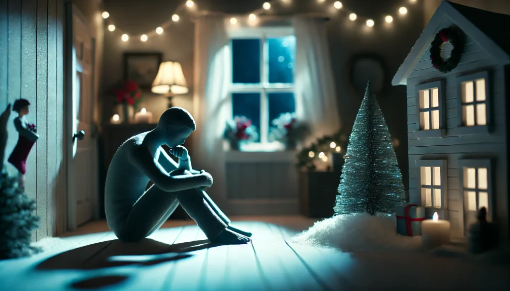 A-somber-Christmas-scene-depicting-a-person-feeling-blue-sitting-alone-in-a-softly-lit-room.-The-figure-appears-introspective-processing grief and loss of a loved one during the holidays