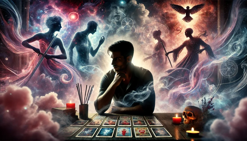 A-striking-image-of-a-male-silhouette-seated-at-a-table-staring-intently-at-the-5-of-Swords-tarot-card.-Surrounding-him-are-vivid-ethereal-images-of angels. Experiencing clairvoyance