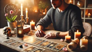 A-tarot-reading-scene-featuring-a-30-year-old-male-tarot-reader-in-a-black-sweater-sitting-at-a-wooden-table-with-intricate-tarot-cards-spread-out
