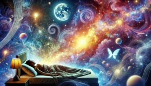 A-visually-captivating-depiction-of-lucid-dreaming-featuring-a-person-lying-in-bed-with-their-figure-blending-into-a-dreamlike-surreal-environment