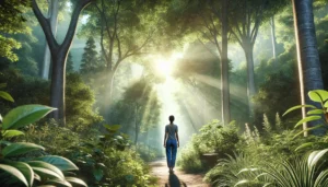 A-woman-walking-in-nature-appearing-grounded-and-breathing-deeply.-She-is-surrounded-by-lush-greenery-trees-and-sunlight-stream very spiritual in nature