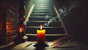Life-Path-Reading-Tarot-with-Clairvoyance.-A-warm-beeswax-candle-glowing-softly-placed-at-the-bottom-of-a-set-of-ominous-looking-stairs-leading-upward-into-darkness.-Incense-smoke-curls-around