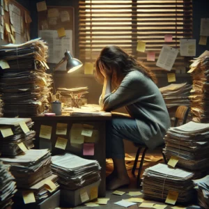 a-35-year-old-woman-appearing-weighed-down-by-numerous-responsibilities.-She-is-sitting-at-a-cluttered-desk-with-her-head-in-her-hands
