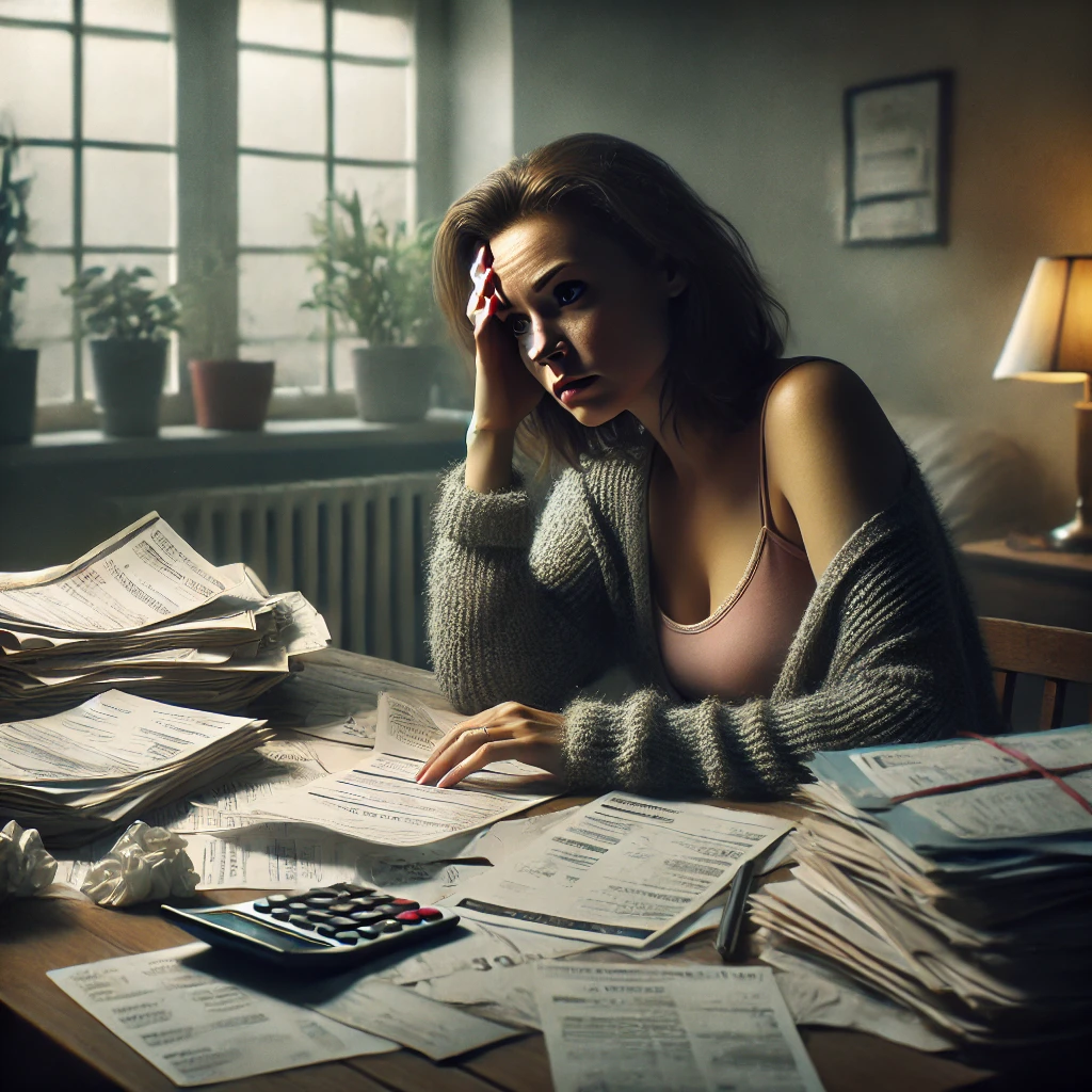 a-35-year-old-woman-sitting-at-a-table-with-a-stack-of-bills-and-financial-documents-looking-visibly-frustrated-and-overwhelmed