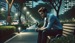 a-man-sitting-alone-on-a-bench-in-a-city-park-at-dusk-deep-in-thought-about-his-career-path.-His-expression-is-one-of-anxiety